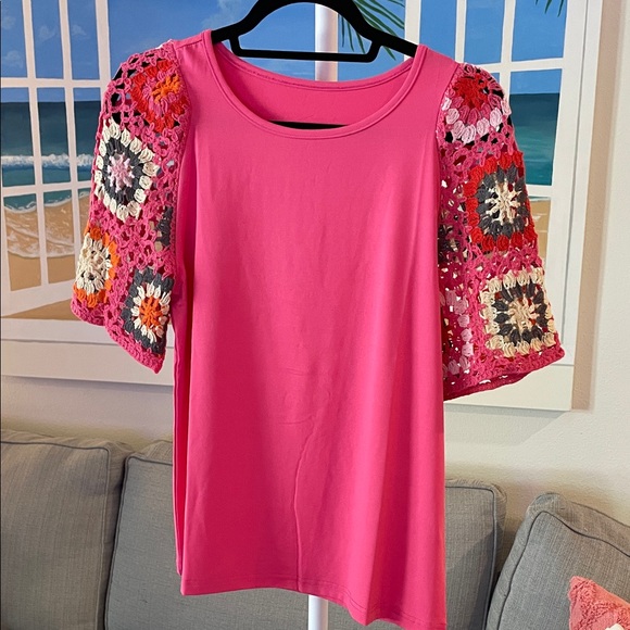 Pink Crochet Sleeve Women's Top - Picture 2 of 5